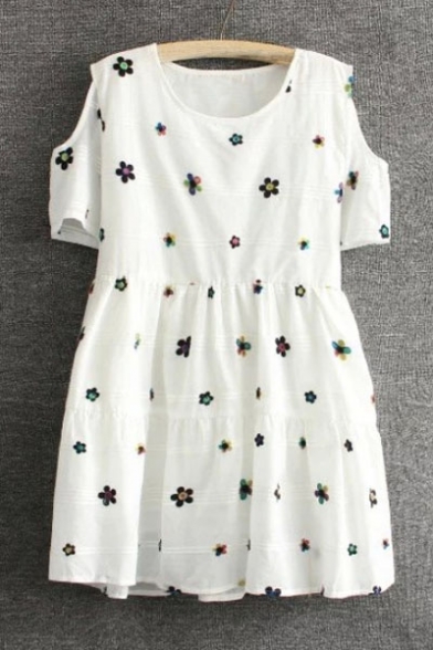 Sweet Flower Print Cut Out Shoulder Short Sleeve Mini Dress