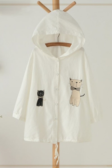 Cute Cat Print Hooded Button Down Long Sleeve Thin Coats