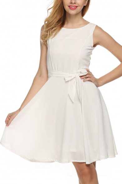 OURS Womens Summer Sleeveless Chiffon Pleated Cocktail Party Dress with Belt