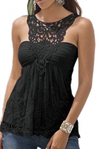 Women Lace Floral Sleeveless Halter Backless Vest Top Blouse