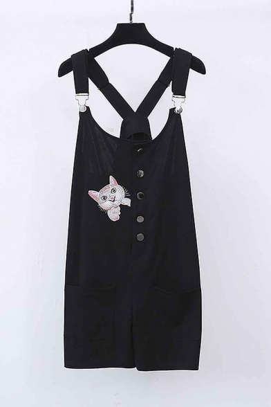 Women's Cute Embroidered Cat Button Front Overall Shorts