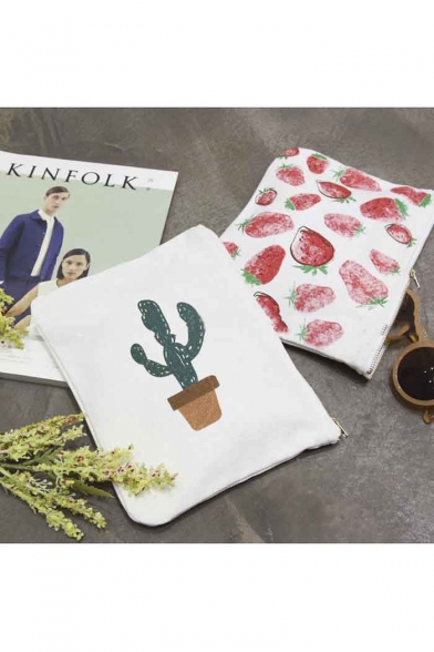 Cute Cactus/Strawberry Zip Detail Canvas Bag