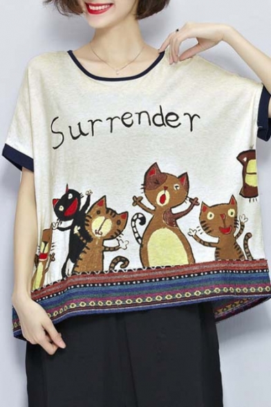 Cute Cat Print Round Neck Short Sleeve Casual Loose Tee