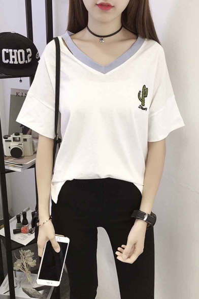 Fashionable Contrast V-neck Cactus Loose Fit T-shirt