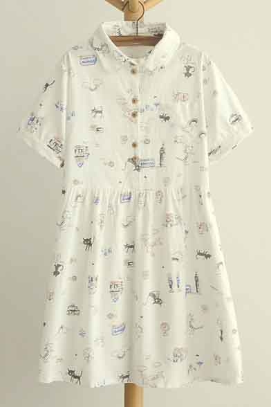 Kawaii Cartoon Print Lapel Short Sleeve Button Embellish Casual Sweet Dress