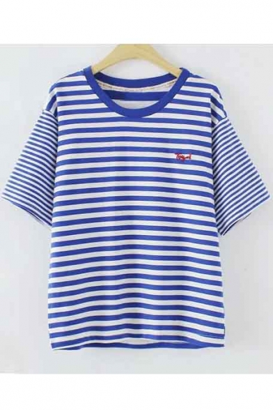 Simple Style Round Neck Short Sleeve Striped Casual Tee