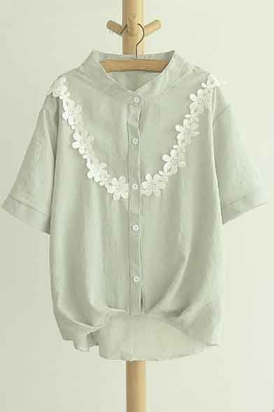 Stand Up Collar Short Sleeve Button Down Flower Applique Chic Top&Blouse