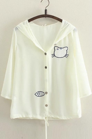 Summer Sun Protection Top Thin Chiffon 3/4 Sleeve Cat&Fish Print Button Down Coat