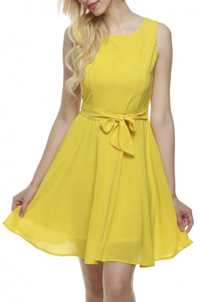 Women Chiffon Summer Sleeveless A-line Pleated Party Cocktail Dress With Belt