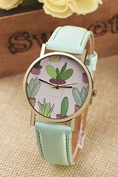 Cactus Pattern Young Style Casual Leather Quartz Water Resistance Watch