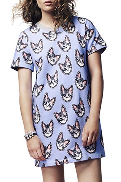 Women's Fashionable Cat Printed Short Sleeve Round Neck Mini Shift Dress
