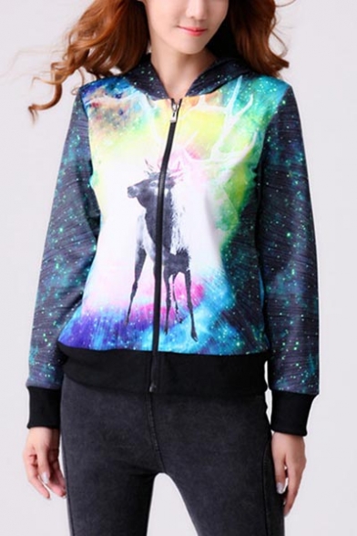 Colorful Galaxy Pattern Long Sleeve Hoodied Zipper Front Chic Coats Outwear