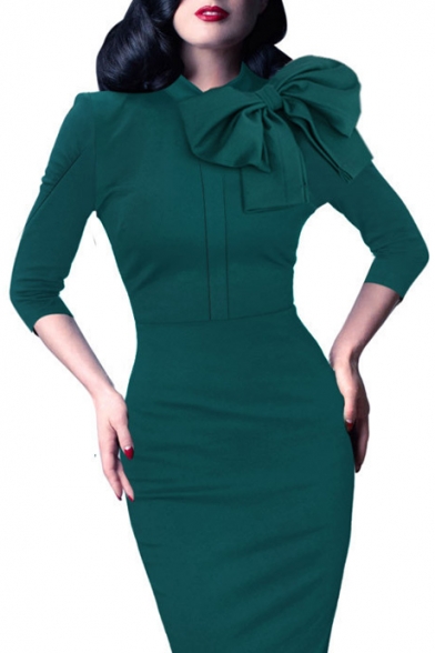 Women's 1950s Retro 3/4 Sleeve Bow Cocktail Party Evening Dress Work Pencil Dress