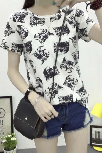 Fashion Round Neck Short Sleeve Cat Print Casual Tee