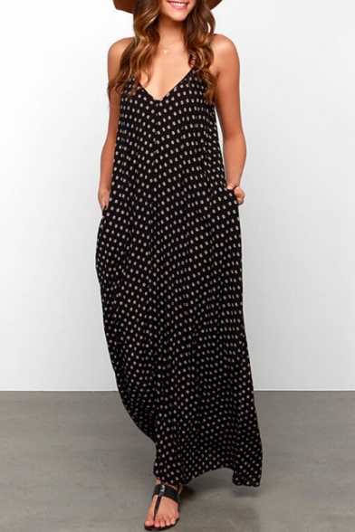 Women's Loose V-neck Sleeveless Dot Print Boho Long Maxi Chiffon Dress