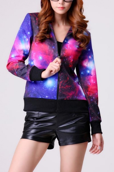 Cool Galaxy Pattern Long Sleeve Hoodied Zipper Front Chic Coats Outwear