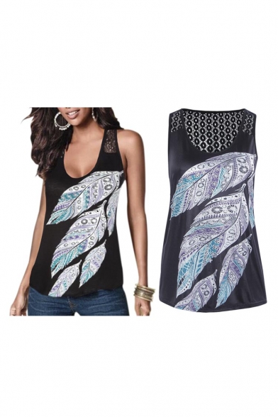 Sexy Women Feather Printed Vest Top Sleeveless T-Shirt