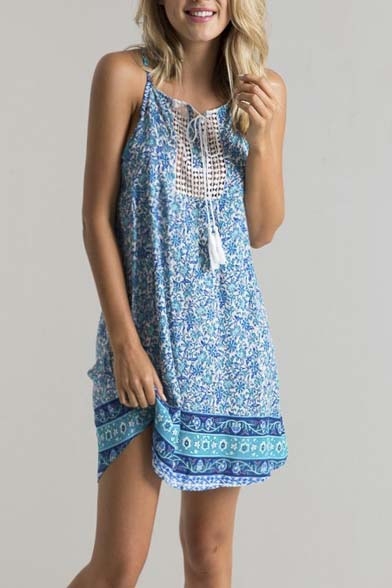 Sexy Sleeveless Tie Neck Hollow Graphic Pattern Mini Dress ...