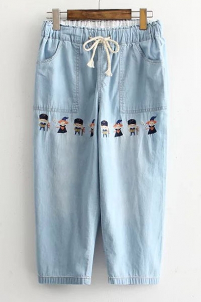 Special Style Cartoon Embellish Drawstring Waist Denim Crop Pants Crop Jeans