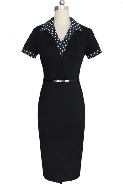 Women's Vintage Black Polka Dot Collared Business Party Pencil Dress ...