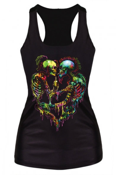 Womens Gothic Tank Top Punk Print Vest Blouse Rock Tee Camisole