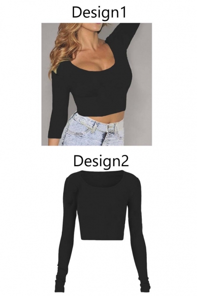 Fashion Womens Long Sleeve Crop Top Round Neck T Shirt Blouse
