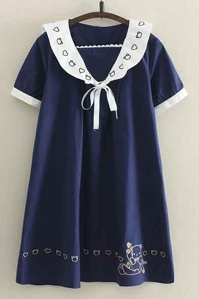 Sweet Lapel Short Sleeve Cute Loose A-Line Dress