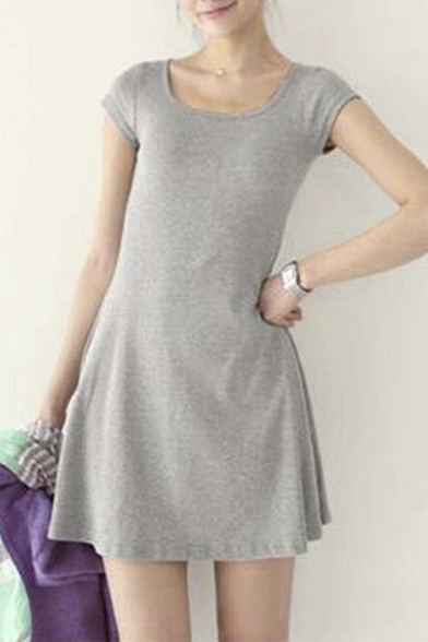 Women Casual Short Sleeve Round Neck A-Line Mini Dress