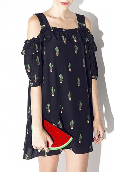 Chic Cut Out Shoulder Cactus Print Ruffle Design Loose Mini Dress