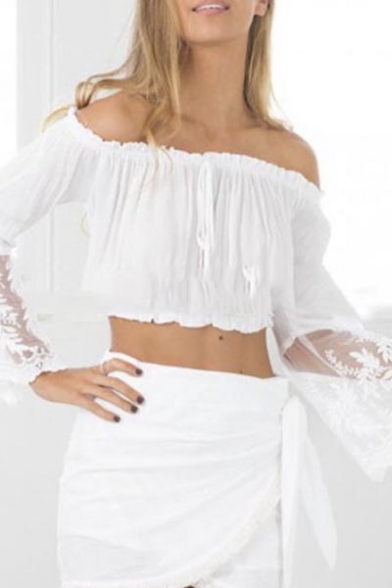 Sexy Off the Shoulder Illusion Detail Bell Sleeve Crop Top
