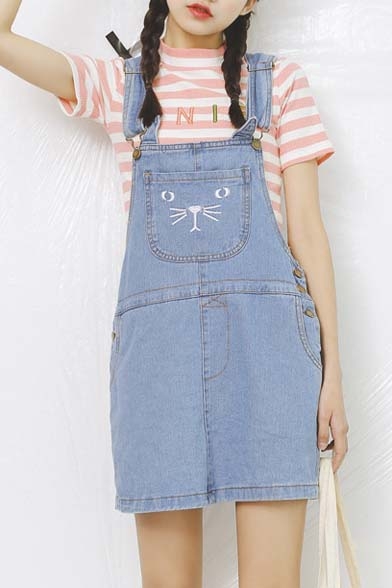 Cute Cat Print Mini Denim Overall Dress