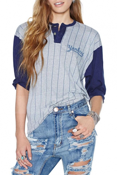 Women's Long Sleeve Button Yankee Pinstripe Maxi Tees Shirts Blouses