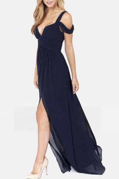 Greek Inspired Style Cold Drop Shoulder Chiffon Side Split Slit Long Maxi Dress