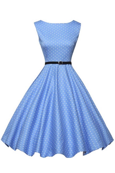 Sleeveless Vintage Polka Dot Dress with Belt - Beautifulhalo.com