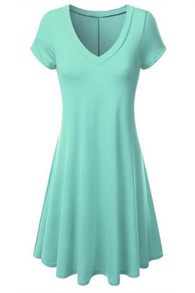 A-Line Plain V-Neck Short Sleeve Chic Dress