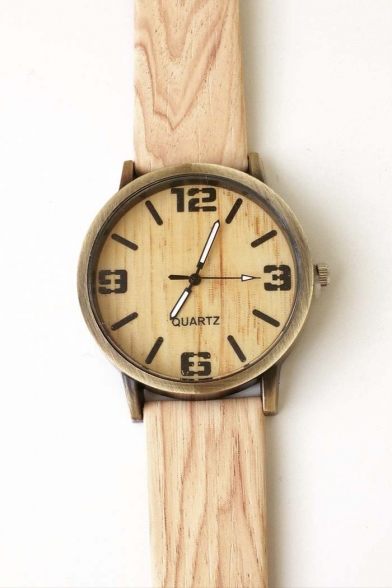 Fashion Letter Print Quartz Wood Grain Belt Watch