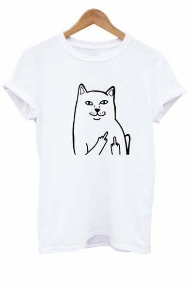 Fashionable Middle Finger Cat Pattern Short Sleeve Tee
