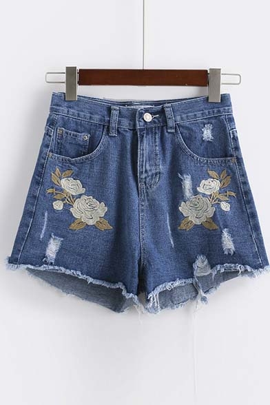 Flower Embroidery Ripped Raw Hem Hot Denim Shorts