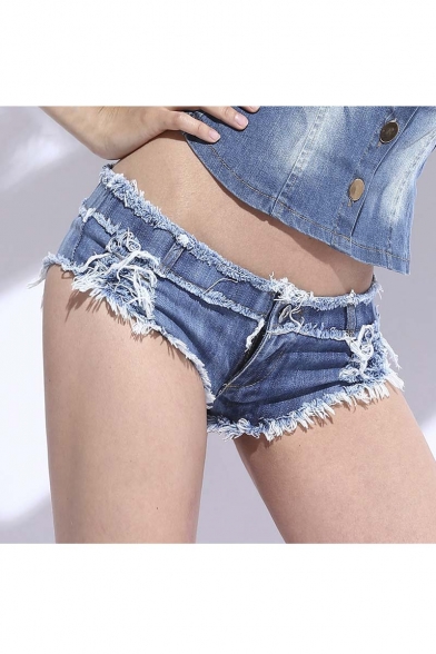 Sexy Mini Short Jeans Low Waist Fringed String Side Open Blu