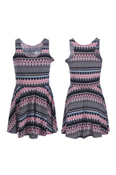 Summer Sleeveless Pleated Print Mini Skater Dress