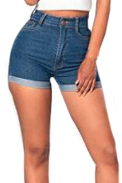 Women Fashion Sexy Turn-ups Ruffle Bodycon Jeans Mini Shorts