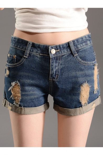 Women's Medium Wash Rip-And-Repair Denim Midi Shorts