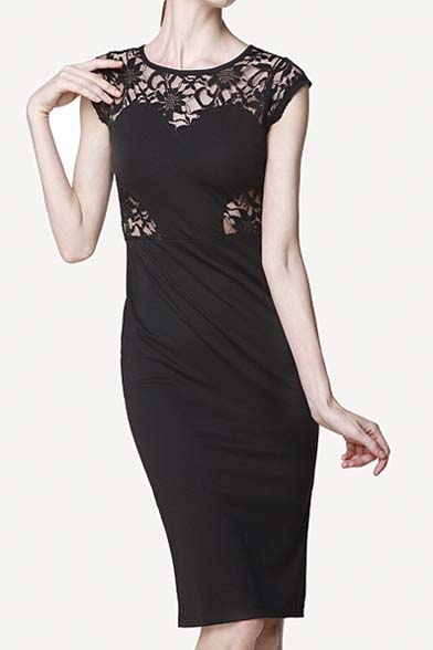 Women's Sexy Cap Sleeve Hollow Out Shoulder Sheath Lace Bodycon Dress