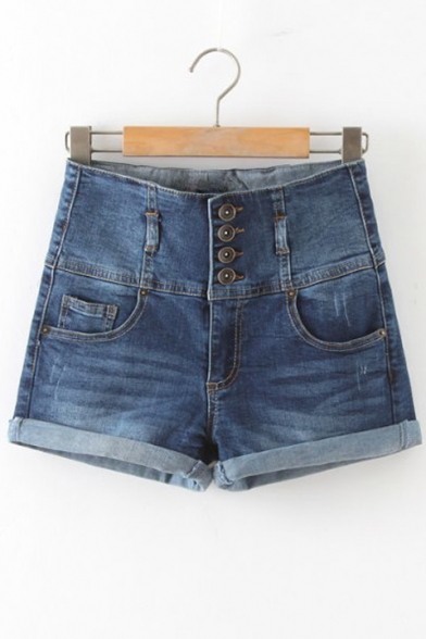 Womens Stretchy Button Details High Waisted Denim Shorts with Pockets