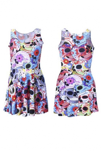Summer Sleeveless Pleated Print Mini Skater Dress