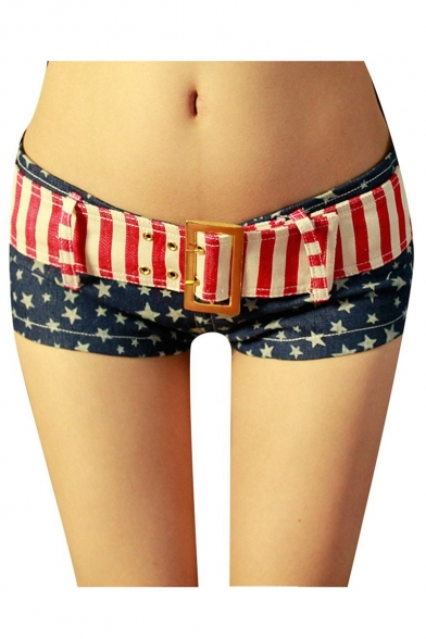 Women Low Waist Sexy American US Flag Belt Star Waistband Jean Denim Shorts
