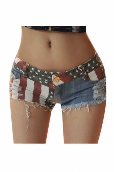 Women Sexy American US Flag Burr Ripped Hole Cut Off Destroyed Jean Denim Shorts