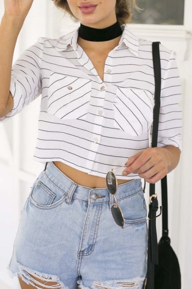 Lady's Chic Lapel Striped Button Down Crop Top Shirts