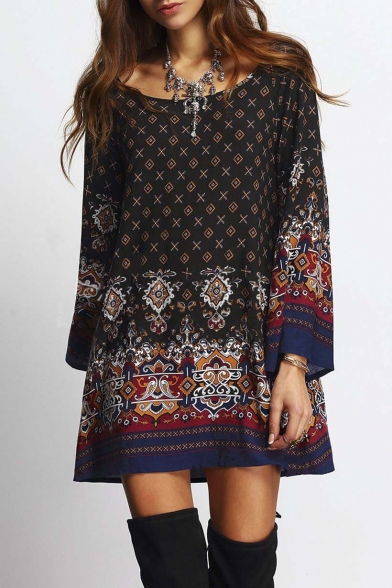 Women's Bohemian Vintage Floral Printed Ethnic Style Loose Casual Dress