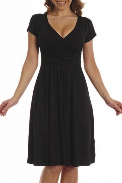 black v neck fit and flare dress